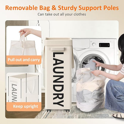 Optish Laundry Basket with Wheels, 90L Rolling Laundry Hamper with Wheels, Large Clothes Hamper on Wheel with Removable Mesh Bag for Bedroom, Bathroom, Dorm, White