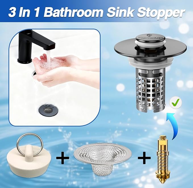 Sink Stopper Hair Catcher, Pop-up Sink Drain Strainer with Removable Stainless Steel Strainer Basket Hair Catcher, Bathroom Sink Strainer for Bathroom Sink Stopper (1, Matte Black)