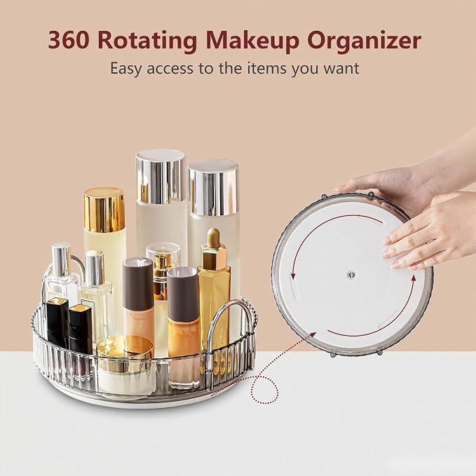 INVSSENE 360° Rotating Makeup Organizer, Bathroom Make Up Spinning Holder Rack, Large Capacity Cosmetics Storage Vanity Shelf Countertop, Fits Cosmetics, Perfume, Skincare, Lipsticks(1 Tier, Gray)