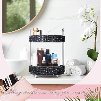 Honeydak 360 Rotating Perfume Organizer Gift for Women, Rhinestone Preppy Skincare Organizer Bathroom Counter Makeup Holder Skincare and Perfume Storage for Cosmetic(2 Tiers,Resin Diamond,Black)