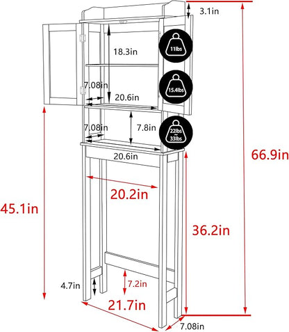 VEIKOU Over The Toilet Storage Cabinet, Bathroom Cabinet, Freestanding Over The Toilet Storage/Adjustable Shelf Rack, White