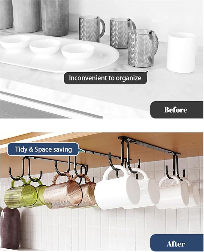Luckinow Mug Hooks Under Cabinet 3 Pack, Metal Cup Hooks for Hanging Under Shelf, Mug Organizer Rack with 12 Hooks for Displaying Mugs, Coffee Cups and Kitchen Utensils, Black