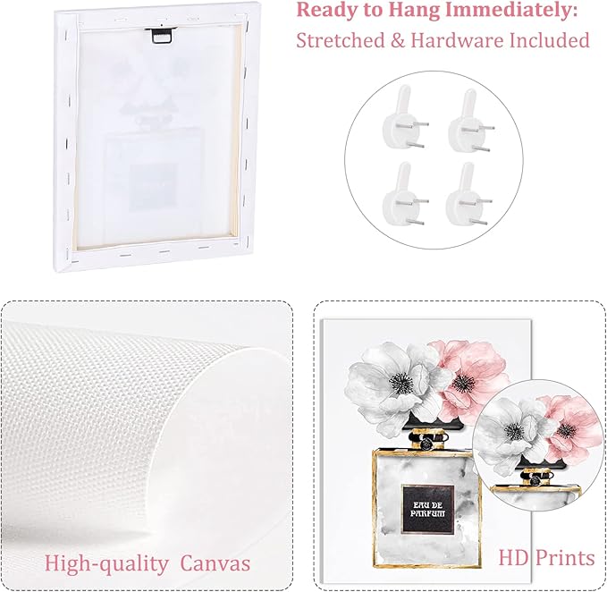 CoziTech Fashion Women Canvas Wall Art Framed, Modern Artwork for Girls Bedroom Wall Décor Pink Flowers Perfume Art Print Handbag High Heel Wall Picture, Gift for woman, Gift for Girls. Set of 4.