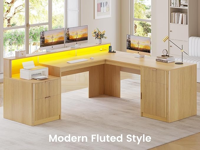 SEDETA 66" Modern L Shaped Desk with Drawers, Fluted Home Office Desk with File Cabinet and Printer Shelf, Wood Executive Desk with Monitor Stand, Power Outlets, Led Lights, Oak