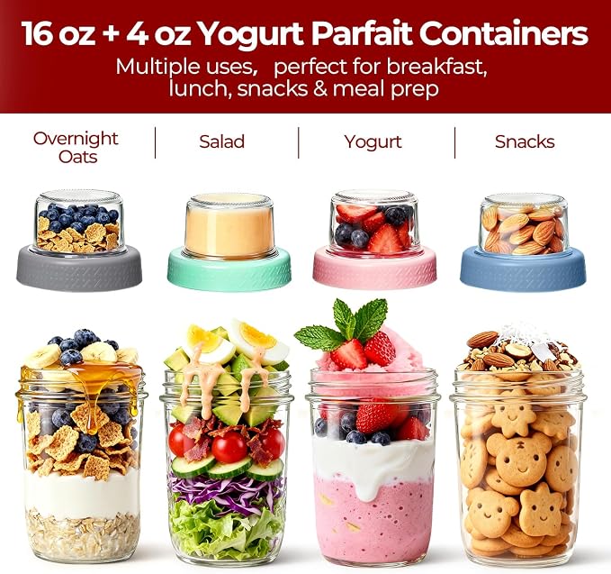 4 Pack Glass Yogurt Parfait Cups with Lids, 16+4oz Reusable Containers with Dry & Wet Separation, Leak-Proof for Overnight Oats, Meal Prep, Portable to Work & School, Easy Clean