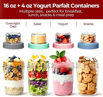 4 Pack Glass Yogurt Parfait Cups with Lids, 16+4oz Reusable Containers with Dry & Wet Separation, Leak-Proof for Overnight Oats, Meal Prep, Portable to Work & School, Easy Clean
