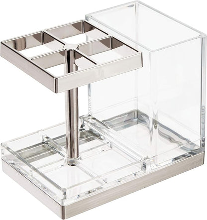 mDesign Plastic Toothbrush and Toothpaste Storage Organizer Holder - Home Decor for Bathroom Countertop - Holds Toiletries and Beauty Accessories - Lumiere Collection - Clear/Brushed