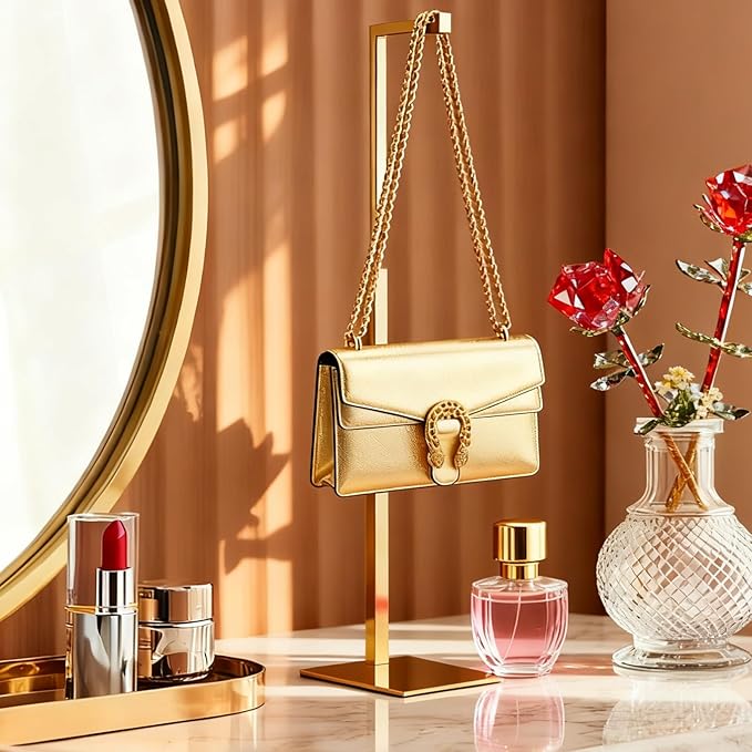 Gold Purse Display Stand, 2 Pack Handbag Display Stand Adjustable Height Stainless Steel Stability Non-slip Base,22lbs Large Bags Display Rack Luxury Purse Holder for Table Retail Closet