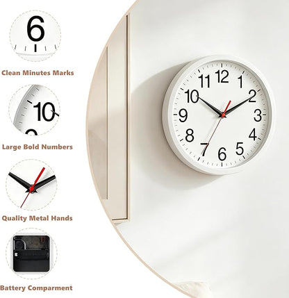 Rohioue Wall Clock Modern 8 Inch Battery Operated Silent Non Ticking Small Analog Clock Decorative for Bedroom Kitchen Bathroom Office Home (White)