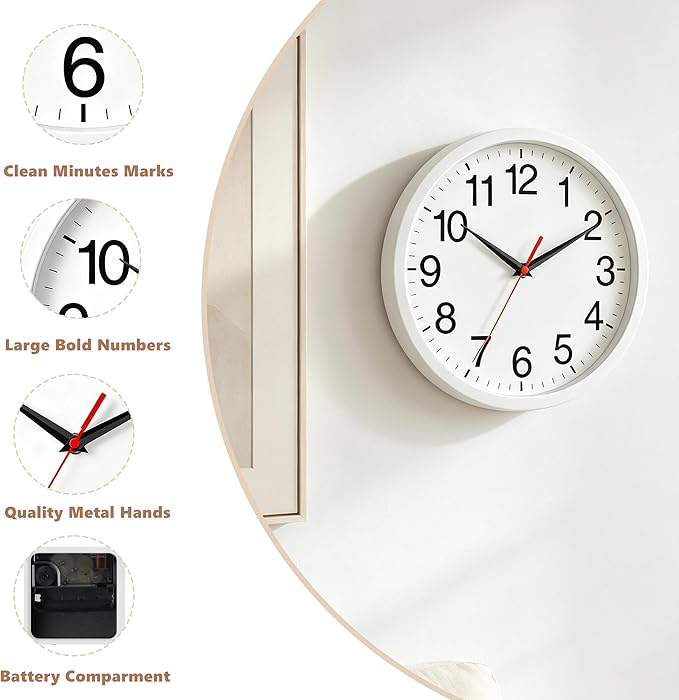 Rohioue Wall Clock Modern 10 Inch Battery Operated Silent Non Ticking Analog Clock Decorative for Bedroom Kitchen Bathroom Office Home (White)