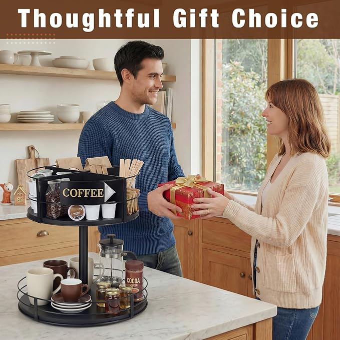 Sieral 360° Rotating Coffee Bar Organizer 2 Tier Coffee Bar Lazy Susan Wood Metal Station Organizer Holder with Convenient Grab-and-go for Countertop Pod Syrup Mug Tea Spice Snack Kitchen Office