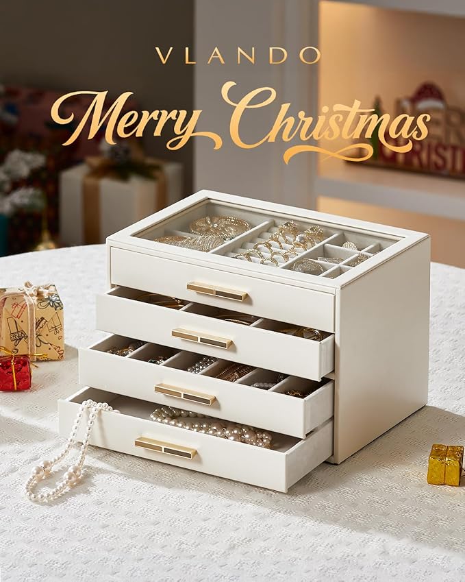 Vlando 4 Layer Jewelry Box for Women, Glass Lid Jewelry Organizer with 4 Drawers for Necklaces Rings Earrings Bracelets - Cloud White