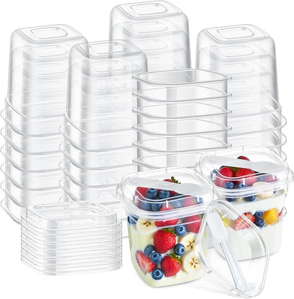 Jingmore 50 Pack 9.5oz Clear Plastic Yogurt Parfait Cups Disposable Overnight Oats Containers with Lids and Spoons Cake Fruit Jars for Food Storage Salad Ice Creams Pudding Snacks (Square Style)