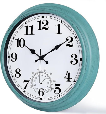 16 Inch Large Outdoor Clock, Retro Waterproof Indoor/Outdoor Clock Non-Ticking Clock with Thermometer, Battery Operated Wall Clock for Patio, Garden, Pool - Green