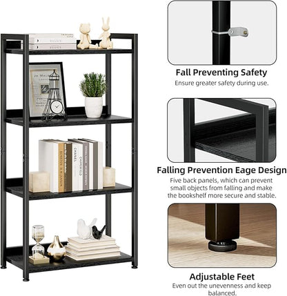 NUMENN Bookshelf, 4 Tier Bookshelves, Home Office Bookcase Shelf Storage Organizer, Free Standing Storage Shelving Unit for Bedroom, Living Room and Home Office, Black