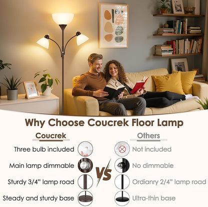 Floor Lamp for Living Room,72" Dimmable Torchiere Lamp with 2 Reading Lights for Bedroom, Brown Tall Standing Room Lamp, 3 Bulbs Included