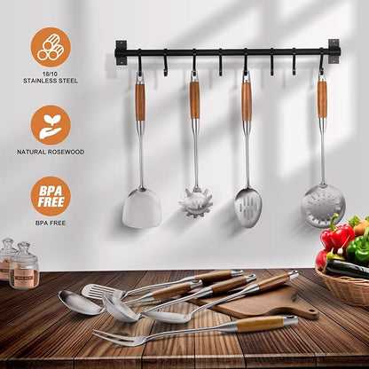 9 PCS 304 Stainless Steel Kitchen Cooking Utensils set with Wooden Handle, Metal Kitchen Utensils Set, Large Heat Resistant Wooden Handle Kitchen Tools, Stainless Steel Wok Spatula