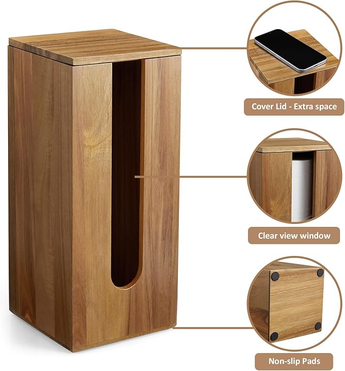 OUTNILI Freestanding Toilet Paper Holder Stand with Lid, Acacia Wood Bathroom Storage Organizer, Rustic Farmhouse Toilet Paper Holder for Floor, Holds 3 Extra Large Rolls