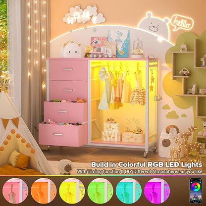 Cyclysio Dresser with Hanging Rack, 4 Fabric Drawers Dresser with Clothes Rack, Wooden Top Storage Chest of Drawers with Charging Station & LED Lights, Lockable Wheels, Closet