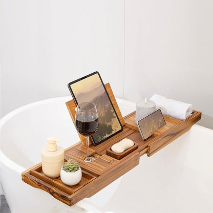 XcE Teak Bathtub Caddy Tray - Expandable to 41 Inches with Book Stand, Soap Holder & Anti-Slip Pads for Luxury Bath Spa, Teak