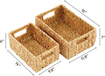 Greenatural Water Hyacinth Storage Baskets Set of 2, Handwoven Rectangular Organizer Trays with Built-in Handles in 2 Sizes, Nested Wicker Bins for Shelf, Bathroom, Kitchen, Office, Natural Decor