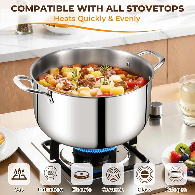 Tri-Ply Stainless Steel Stock Pot, 20 Quart Heavy Duty Induction Cooking Pot with Visible Lid for Pasta, Soup, Spaghetti, Sturdy & Double Handle, Dishwasher Safe
