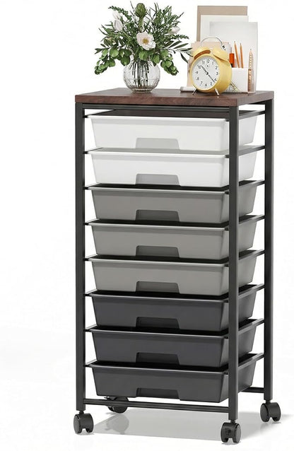 Rolling Cart with 8 Drawers, Storage Drawers Cart with Wooden Tabletop and Lockable Wheels, Craft Storage for Living Room, Office, Classroom, Craft Room, Bedroom (Gray)