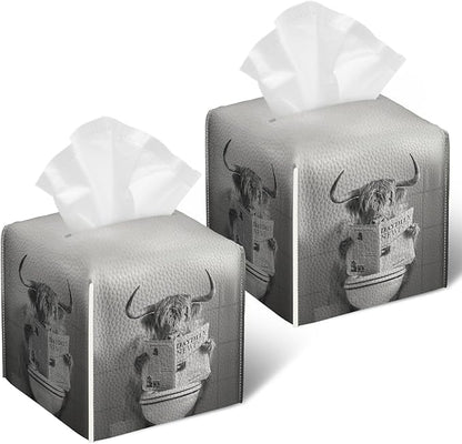 Funny Highland CowTissue Box Cover 2PCS, Leather Tissue Box Holder Square Facial Paper Case Tissue Box Cube Organizer for Bathroom Bedroom Desk Office