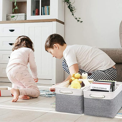 HNZIGE Large Fabric Storage Baskets (3 Pack) - Foldable Gift Baskets with Rope Handles, Decorative Organizers for Home (White & Gray, 15" x 11" x 9.5")