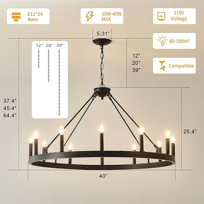 40 Inch Black Wagon Wheel Chandelier, 12-Lights Farmhouse Industrial Round High Ceiling Pendant Light Adjustable Chain for Outdoor Porch,Foyer,Dining Room, Living Room
