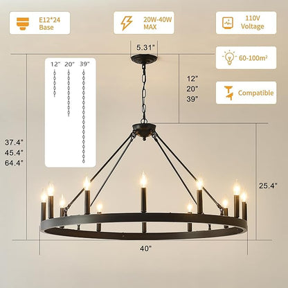 40 Inch Black Wagon Wheel Chandelier, 12-Lights Farmhouse Industrial Round High Ceiling Pendant Light Adjustable Chain for Outdoor Porch,Foyer,Dining Room, Living Room