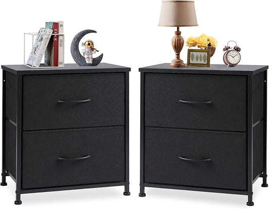 DUMOS Nightstand Set of 2, Small Dresser with 2 Fabric Drawers Side Bedroom End Table Kids Bedside Storage Furniture for 25 inch Tall Night Stand for Closet, Entryway, College Dorm, Ink