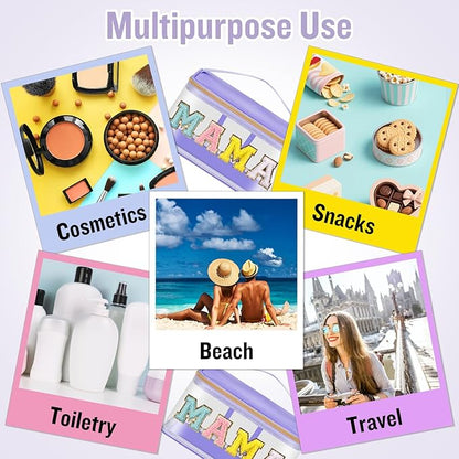 Chenille Letter Clear Makeup Bags Mama Pouch, Preppy Patch Makeup Bag Zipper with Handle, Transparent PVC & Nylon Waterproof Glitter Cosmetic Handbag Travel Toiletry Storage for Women(MAMA-Purple)