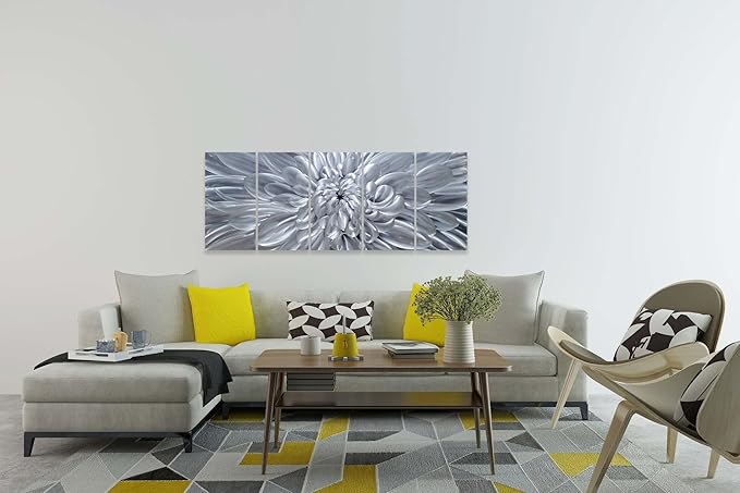 YHSKY ARTS Silver Floral Metal Wall Art - Hand Crafted 5 Piece Aluminum Sculpture Set for Living Room and Bedroom Decor