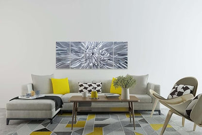 YHSKY ARTS Silver Floral Metal Wall Art - Hand Crafted 5 Piece Aluminum Sculpture Set for Living Room and Bedroom Decor