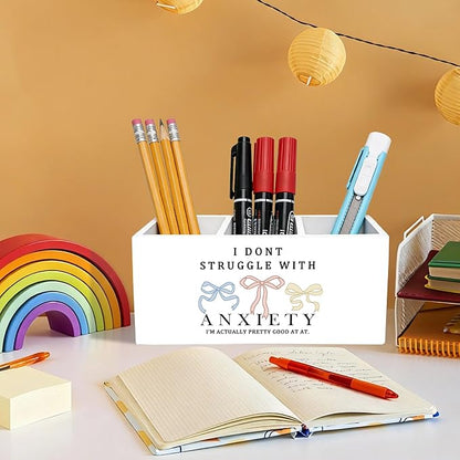 Coquette Bow Mental Health Pen Holder for Desk Accessories, Anti Anxiety Gifts Wooden Box Sign Desk Pencil Holder Organizer for Home Office Decoration, Anxiety Relief Gifts
