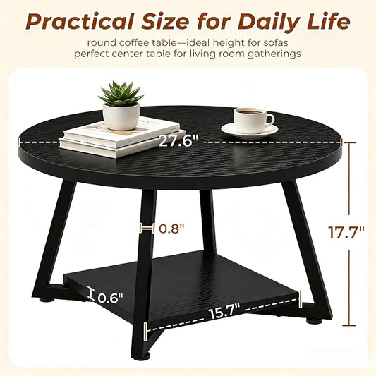 Round Coffee Table for Living Room, 27.6“ Circle Coffee Table, 2-Tier Industrial Coffee Tables with Storage, Wood Coffee Table, Modern Accent Table for Apartment, Office, Small Space, Black