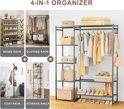 Wardrobe Closet, Portable Clothing Rack for Hanging Clothes, Free Standing Closet Organizers and Storage System with 4 Tiers Shelves for Cloakroom Bedroom, Black
