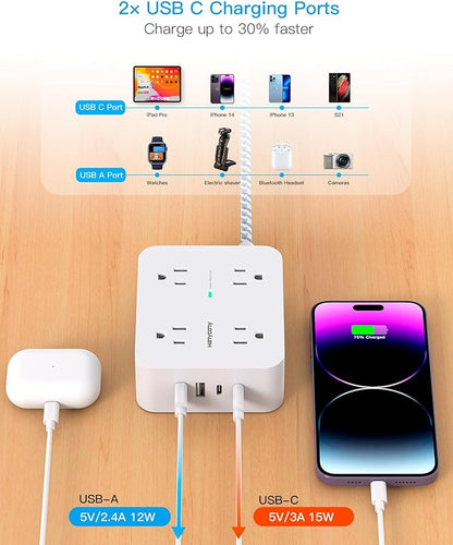 Extension Cord 20 Ft, HANYCONY Power Strip Surge Protector with 8 Outlets 4 USB Ports(2 USB C), Long Cord, Flat Plug, Wall Mount, Desk USB Charging Station for Home Office Essentials
