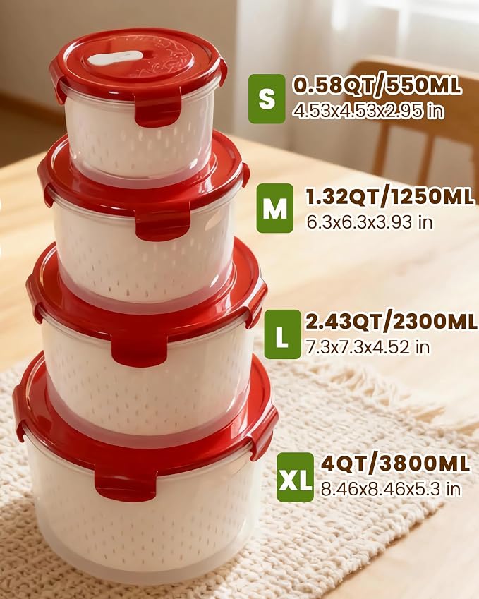 TBMax 8 Pieces Airtight Fruit Storage Containers for Fridge with Air Circulation Vent, 4 Pack Round Produce Saver with Colander for Berry Lettuce Salad Vegetable Storage, Refrigerator Organizers -Red