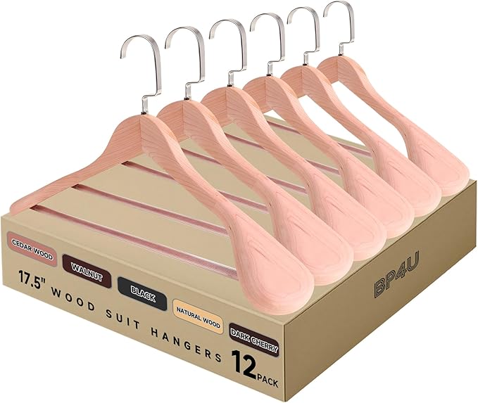 17.5" Wooden Suit Hangers with Non Slip Pants Bar, 12-Pack Wood Extra-Wide Shoulder Hangers with Flat-Head Hook for Suits, Coats, Jackets, Shirts, Pants, Heavy Clothes (Cedar Wood)