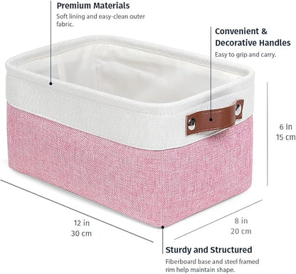 OrganiHaus Small Fabric Storage Baskets for Shelves 3 Pack, 12x08in Closet Storage Bins for Shelves, Canvas Baskets for Organizing, Linen Closet Organizers, Cloth Basket, Pink/Off-White