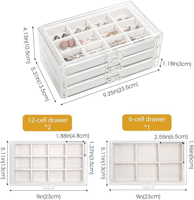 ProCase Earring Holder Organizer Jewelry Box with 3 Drawers, Acrylic Clear Earring Case with Adjustable Velvet Trays for Women - Warmwhite, 3 Layers