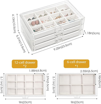 ProCase Earring Holder Organizer Jewelry Box with 3 Drawers, Acrylic Clear Earring Case with Adjustable Velvet Trays for Women - Warmwhite, 3 Layers