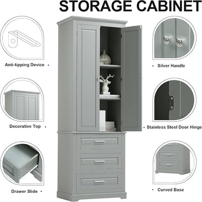 Polibi Tall Storage Cabinet with 3 Drawers, 3-Tier Adjustable Shelves & 2 Doors, Floor Freestanding Linen Cabinet for Bathroom, Living Room, Grey