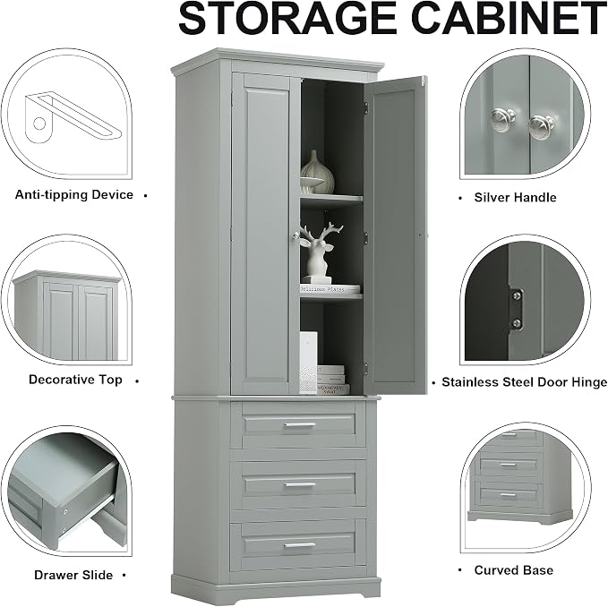 Storage Cabinet, Tall Bathroom Cabinet with Adjustable Shelf | Tall storage cabinet, upper enclosed cabinet and 3 pull-out compartments keep daily essentials organized