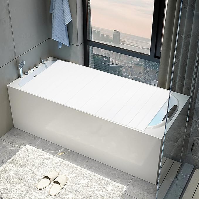White Wood Grain Foldable Bathtub Cover, PVC Waterproof Dustproof Bath Tub Lid, Heat Preservation Bathroom Tub Tray for Home Hotel Spa (70.87×31.50×0.26)