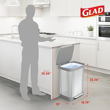 Glad 13 Gallon All Brushed Stainless Steel Trash Can with Clorox Odor Protection | Large Metal Kitchen Garbage Bin with Soft Close Lid, Garbage Bag Rings, Step On Foot Pedal and Waste Bag Roll Holder