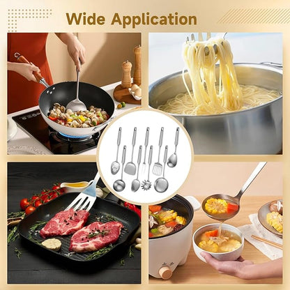 9 PCS Stainless Steel Cooking Utensils, Kitchen Serving Utensil with Long Handle & Hanging Hole, Skimmer, Ladle, Spatula, Slotted Spoon, Pasta Server, Meat Fork, Dishwasher Safe