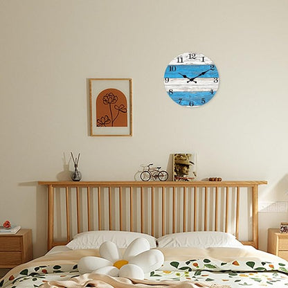XNM Small Wood Wall Clocks Battery Operated 12 Inch Blue and White Nautical Wall Clock for Bedroom Silent Wall Clock (No Solid Wood, It is with MDF Material)